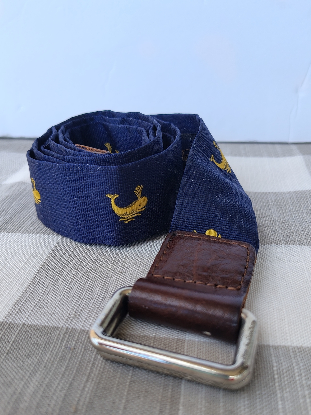 Brooks Brothers Navy Fabric Belt with Yellow Whale Motif and Brown Leather Trim